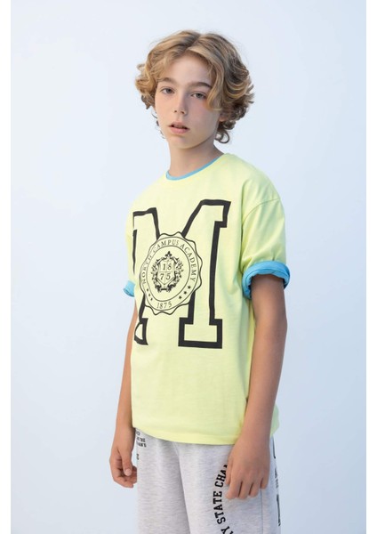 Erkek Çocuk Oversize Geniş Kalıp Bisiklet Yaka Baskılı Kısa Kollu Tişört C3903A824HS