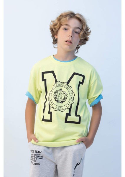 Erkek Çocuk Oversize Geniş Kalıp Bisiklet Yaka Baskılı Kısa Kollu Tişört C3903A824HS