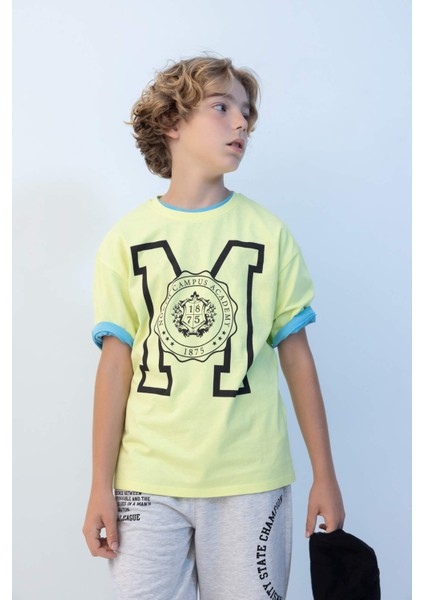 Erkek Çocuk Oversize Geniş Kalıp Bisiklet Yaka Baskılı Kısa Kollu Tişört C3903A824HS