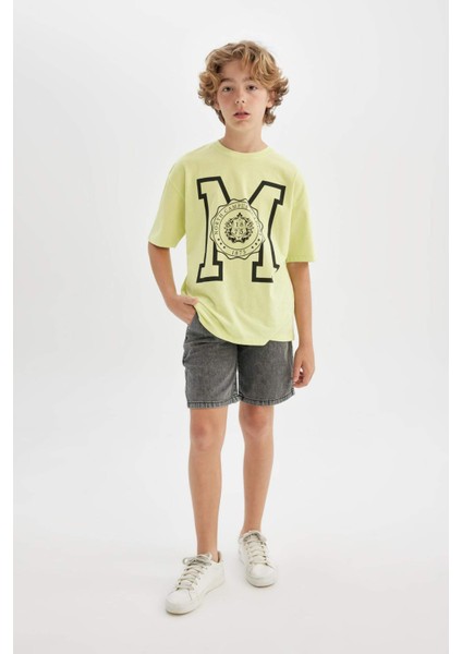 Erkek Çocuk Oversize Geniş Kalıp Bisiklet Yaka Baskılı Kısa Kollu Tişört C3903A824HS