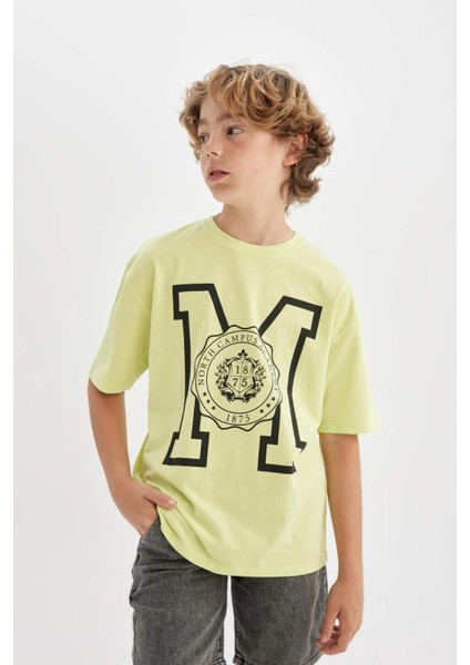 Erkek Çocuk Oversize Geniş Kalıp Bisiklet Yaka Baskılı Kısa Kollu Tişört C3903A824HS