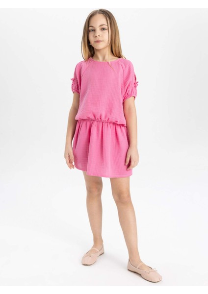 Kız Çocuk 2'li Takım Bisiklet Yaka Kısa Kollu Tişört Etek C1845A824SP