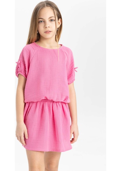 Kız Çocuk 2'li Takım Bisiklet Yaka Kısa Kollu Tişört Etek C1845A824SP