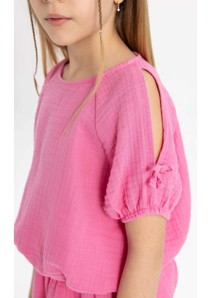 Kız Çocuk 2'li Takım Bisiklet Yaka Kısa Kollu Tişört Etek C1845A824SP