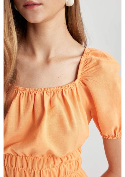 Kare Yaka Keten Kısa Kollu Mini Elbise A4768AX24SM