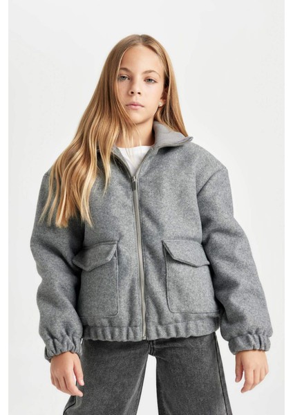 Kız Çocuk Rüzgar Geçirmez Dik Yaka Fermuarlı Çift Cepli Lastikli Kaşe Mont C5470A824AU