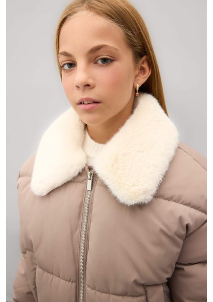 Kız Çocuk Suni Kürklü Yaka Rüzgar Geçirmez Fermuarlı Şişme Mont C5388A824WN