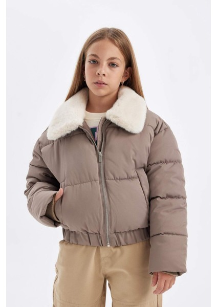 Kız Çocuk Suni Kürklü Yaka Rüzgar Geçirmez Fermuarlı Şişme Mont C5388A824WN