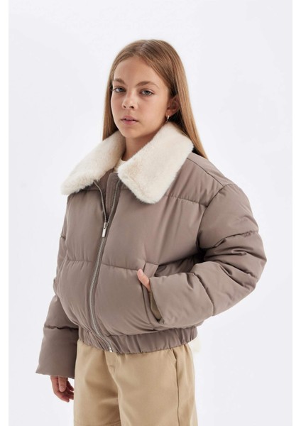 Kız Çocuk Suni Kürklü Yaka Rüzgar Geçirmez Fermuarlı Şişme Mont C5388A824WN