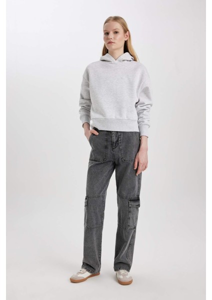 Boxy Fit Kapüşonlu Kalın Basic Düz Sweatshirt B8570AX24SP