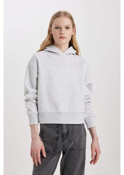 Boxy Fit Kapüşonlu Kalın Basic Düz Sweatshirt B8570AX24SP