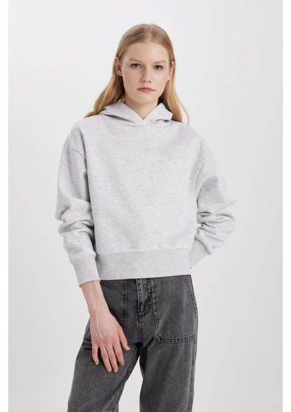 Boxy Fit Kapüşonlu Kalın Basic Düz Sweatshirt B8570AX24SP