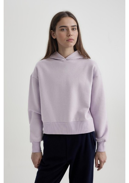 Boxy Fit Kapüşonlu Kalın Basic Düz Sweatshirt B8570AX24SP