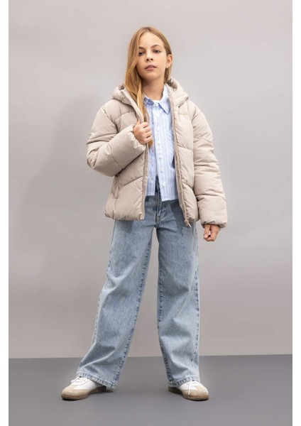 Kız Çocuk Okul Su İtici Rüzgar Geçirmez Kapüşonlu Cepli Fermuarlı Şişme Mont C5389A824AU