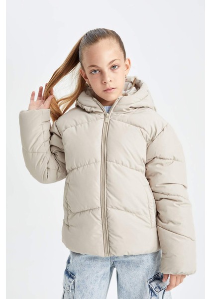 Kız Çocuk Okul Su İtici Rüzgar Geçirmez Kapüşonlu Cepli Fermuarlı Şişme Mont C5389A824AU