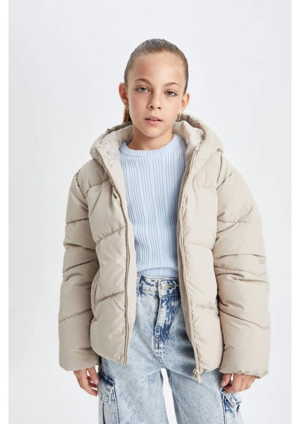 Kız Çocuk Okul Su İtici Rüzgar Geçirmez Kapüşonlu Cepli Fermuarlı Şişme Mont C5389A824AU