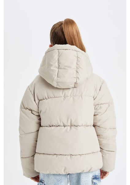 Kız Çocuk Okul Su İtici Rüzgar Geçirmez Kapüşonlu Cepli Fermuarlı Şişme Mont C5389A824AU