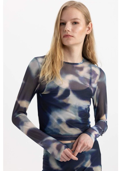 Slim Fit Dar Kesim Bisiklet Yaka Desenli Tül Uzun Kollu Bluz C5447AX24SP