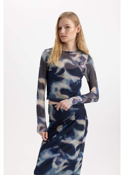 Slim Fit Dar Kesim Bisiklet Yaka Desenli Tül Uzun Kollu Bluz C5447AX24SP