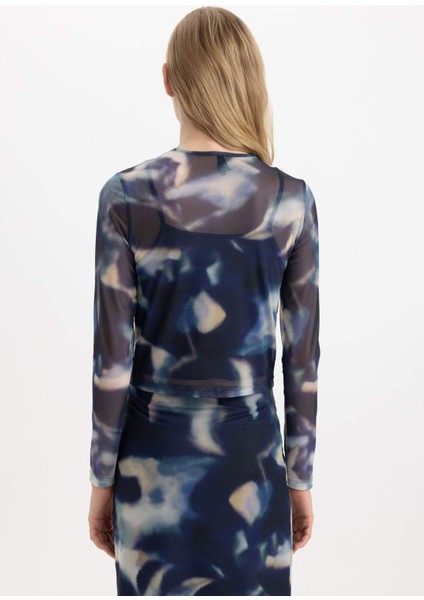 Slim Fit Dar Kesim Bisiklet Yaka Desenli Tül Uzun Kollu Bluz C5447AX24SP