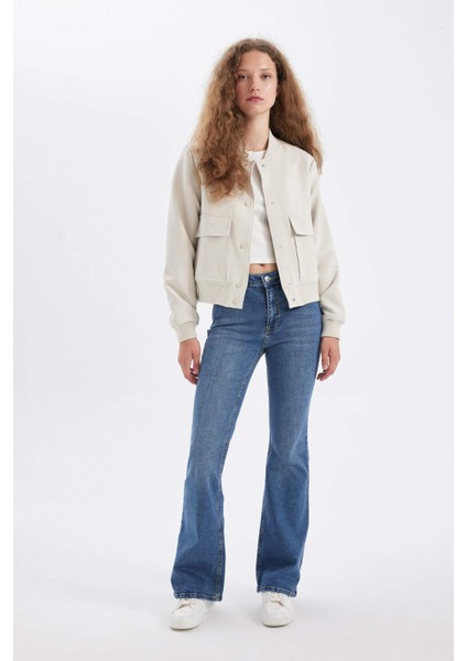 Su Geçirmez Kolej Yaka Rüzgar Geçirmez Çıtçıtlı Cepli Kısa Bomber Ceket B3469AX24AU