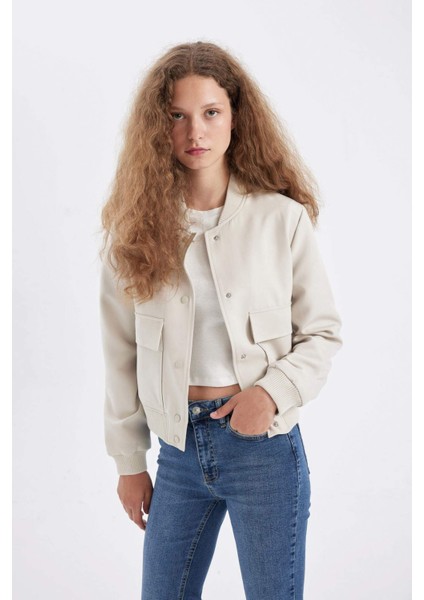 Su Geçirmez Kolej Yaka Rüzgar Geçirmez Çıtçıtlı Cepli Kısa Bomber Ceket B3469AX24AU