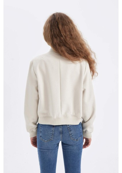 Su Geçirmez Kolej Yaka Rüzgar Geçirmez Çıtçıtlı Cepli Kısa Bomber Ceket B3469AX24AU