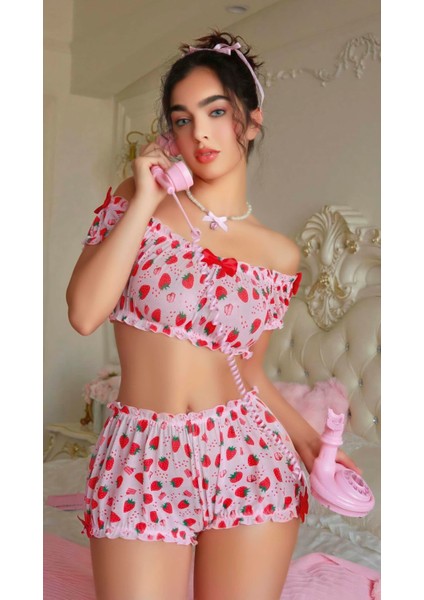 Pembe Çilek Desenli Şortlu Fantezi Sütyen Takımı