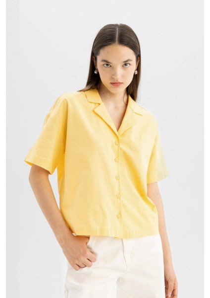 Coool Oversize Geniş Kalıp Pijama Yaka Flamlı Pamuk Kısa Kollu Gömlek C0743AX24SM