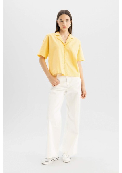 Coool Oversize Geniş Kalıp Pijama Yaka Flamlı Pamuk Kısa Kollu Gömlek C0743AX24SM