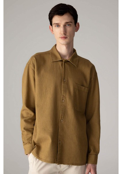 Oversize Geniş Kalıp Polo Yaka Waffle Uzun Kollu Gömlek C2841AX24SP