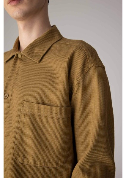 Oversize Geniş Kalıp Polo Yaka Waffle Uzun Kollu Gömlek C2841AX24SP