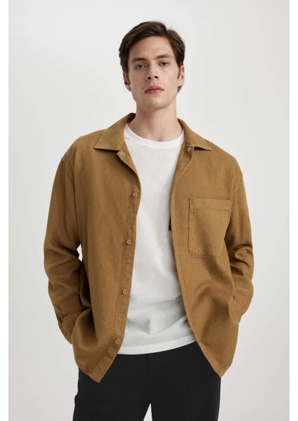 Oversize Geniş Kalıp Polo Yaka Waffle Uzun Kollu Gömlek C2841AX24SP