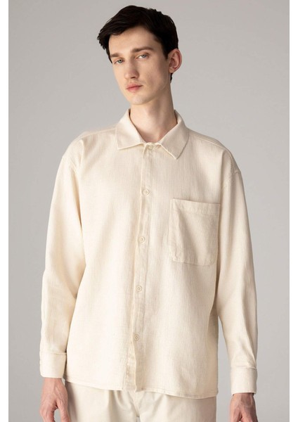 Oversize Geniş Kalıp Polo Yaka Waffle Uzun Kollu Siyah Gömlek