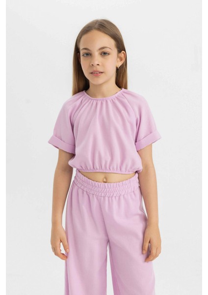 Kız Çocuk 2'li Takım Keten Kısa Kollu Bluz Pantolon C5392A824HS