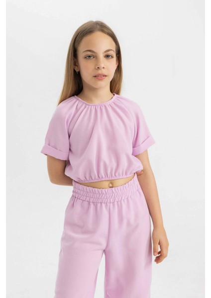 Kız Çocuk 2'li Takım Keten Kısa Kollu Bluz Pantolon C5392A824HS