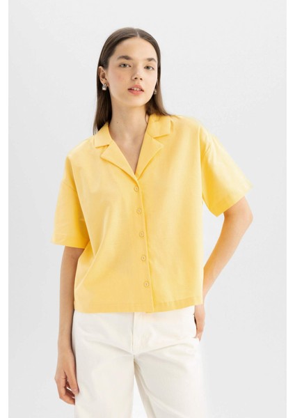 Coool Oversize Geniş Kalıp Pijama Yaka Flamlı Pamuk Kısa Kollu Gömlek C0743AX24SM