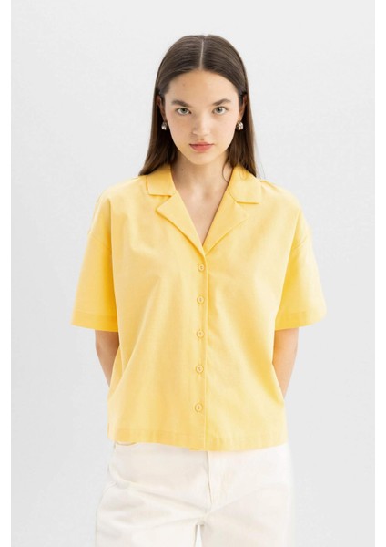 Coool Oversize Geniş Kalıp Pijama Yaka Flamlı Pamuk Kısa Kollu Gömlek C0743AX24SM