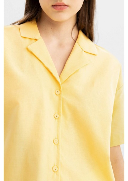 Coool Oversize Geniş Kalıp Pijama Yaka Flamlı Pamuk Kısa Kollu Gömlek C0743AX24SM