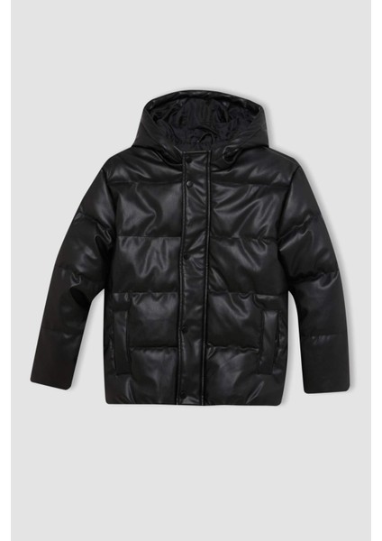 Erkek Çocuk Su İtici Kapüşonlu Çıtçıt Fermuarlı Cepli Suni Deri Mont C5572A824WN