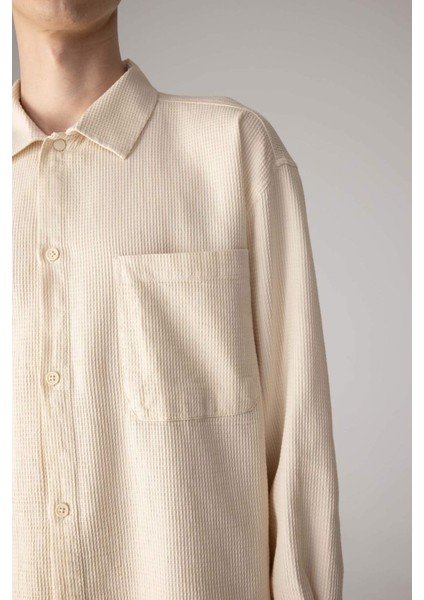 Oversize Geniş Kalıp Polo Yaka Waffle Uzun Kollu Gömlek C2841AX24SP