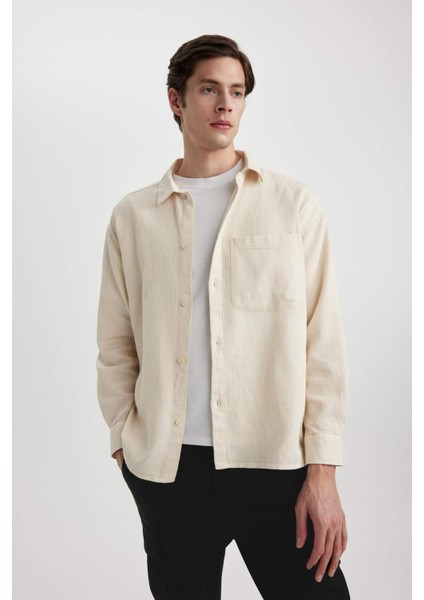 Oversize Geniş Kalıp Polo Yaka Waffle Uzun Kollu Gömlek C2841AX24SP