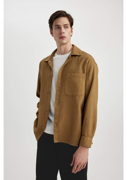 Oversize Geniş Kalıp Polo Yaka Waffle Uzun Kollu Gömlek C2841AX24SP