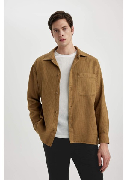 Oversize Geniş Kalıp Polo Yaka Waffle Uzun Kollu Gömlek C2841AX24SP