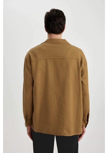 Oversize Geniş Kalıp Polo Yaka Waffle Uzun Kollu Gömlek C2841AX24SP