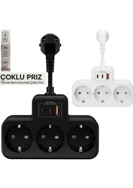 Beyaz Akıllı Priz Termal Korumalı 3 Prizli Çoklu Akım Prizi | 2 Usb-A + 1 USB - Korumalı Priz