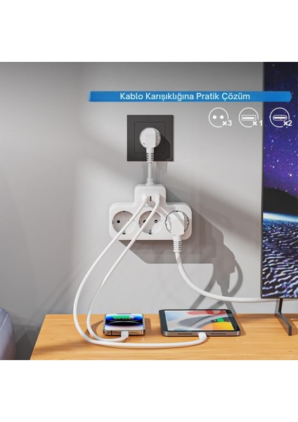 Beyaz Akıllı Priz Termal Korumalı 3 Prizli Çoklu Akım Prizi | 2 Usb-A + 1 USB - Korumalı Priz fiyatları