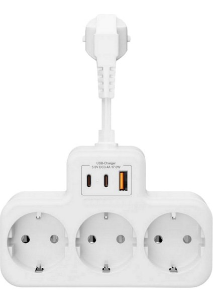 Beyaz Akıllı Priz Termal Korumalı 3 Prizli Çoklu Akım Prizi | 2 Usb-A + 1 USB - Korumalı Priz