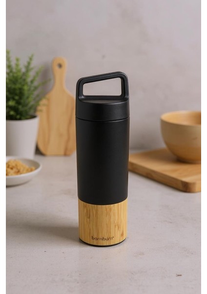 Janna - Bambu Desenli El Termosu Siyah 600ML