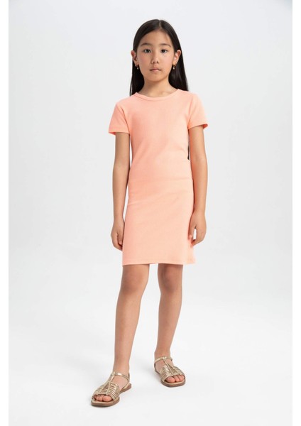 Kız Çocuk Bisiklet Yaka Fitilli Kaşkorse Kısa Kollu Yazlık Elbise C4644A824SM